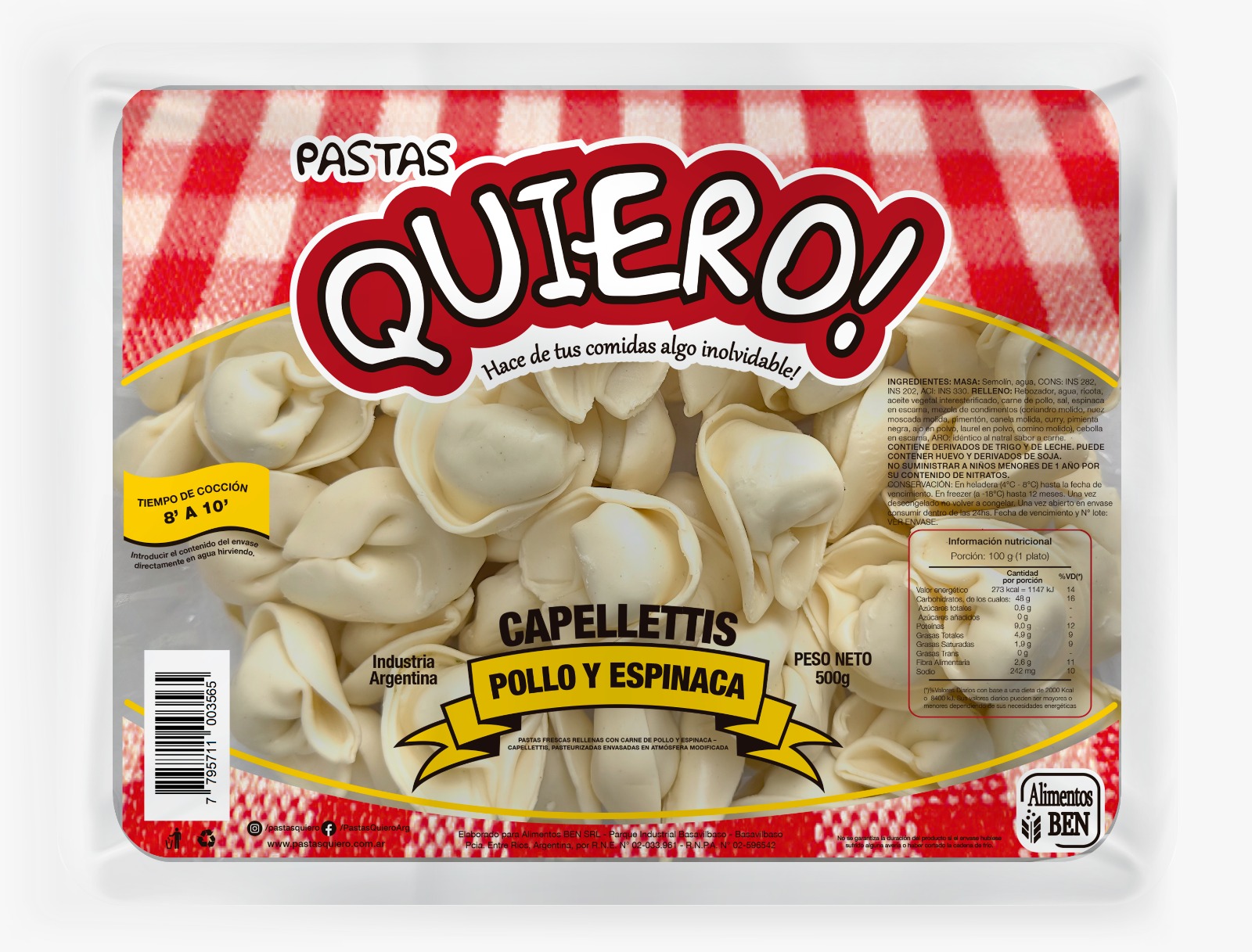 Capelettis pollo y espinaca x 500gr Quiero